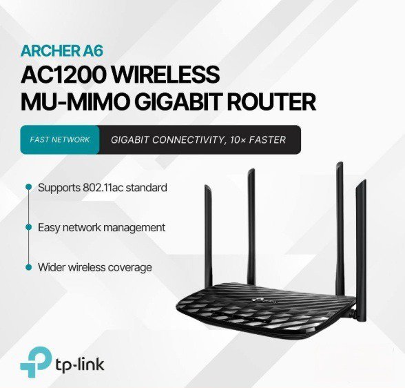 2026/01/1000398114.jpg TP-Link Archer A6 AC1200 Dual-Band Gigabit Router – MU-MIMO | Beamforming | OneMesh | 4 High-Performance Antennas | Up to 1200Mbps WiFi Speed for Smooth 4K Streaming & Gaming