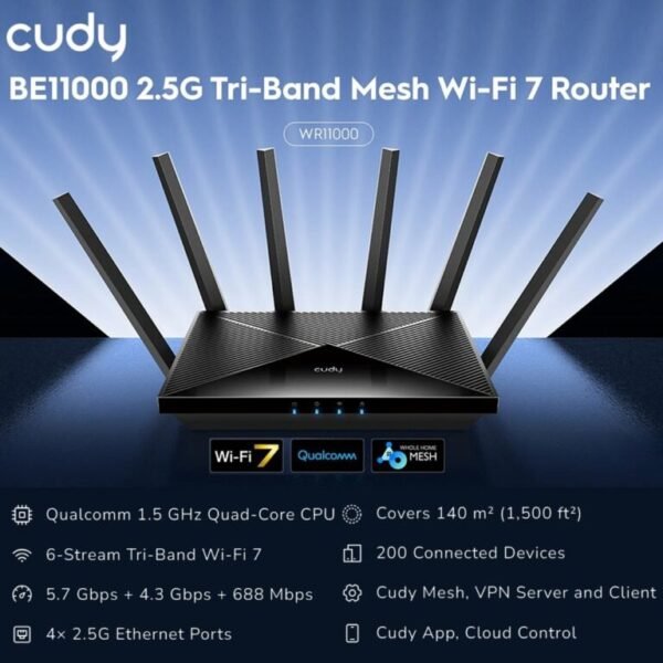 Cudy BE11000 Tri-Band Wi-Fi 7 Mesh Router With 10.6Gbps Speed, 4×2.5G Ports, Qualcomm Quad-Core CPU, MLO, MU-MIMO, VPN, Cloud Control | WR11000