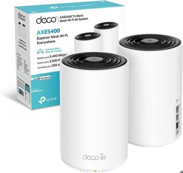 2026/01/1000398977.jpg TP-Link Deco XE75 AXE5400 Tri-Band Mesh WiFi 6E System (2-Pack) – Covers 5,500 ft², 5400 Mbps Speed, 6 GHz Band, AI-Driven Mesh, 200 Devices, 3× Gigabit Ports, HomeShield Security