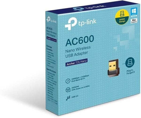 TP-Link Archer T2U Nano Mini – AC600 USB 2.0 Wifi Adapter |2.4GHz and 5GHz Dual Band Wireless Network Adapter for PC Desktop | Supports Encryption Standards | Supports Windows & Mac OS