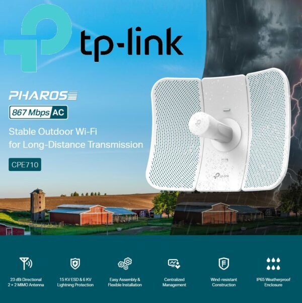 TP-Link CPE710 | 5GHz AC 867Mbps Long Range Gigabit Outdoor CPE for PtP and PtMP Transmission | Point to Point Wireless Bridge | 23dBi | Passive PoE Powered w/Free PoE Injector | Pharos Control
