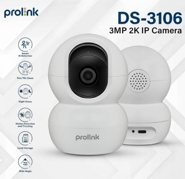 2026/01/1000399202.jpg Prolink DS-3106 3MP Smart Wi-Fi Home Security Camera – Full HD 2304×1296, AI Detection, Pan/Tilt/Zoom, 2-Way Audio, Night Vision 10m, Onvif Compatible, White