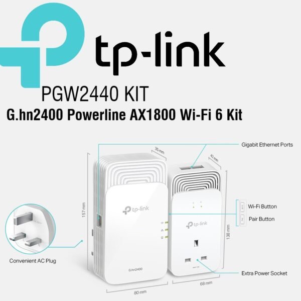 TP-Link Wireless G.hn2400 Powerline AX1800 Wi-Fi 6 Kit, Range Extender/Wi-Fi Booster/Hotspot, Extra Power Socket, 1+2Gigabit Ethernet Ports, Ideal for 8K HD and gaming, Plug and Play | PGW2440 KIT