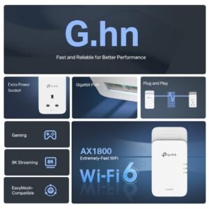 TP-Link Wireless G.hn2400 Powerline AX1800 Wi-Fi 6 Kit, Range Extender/Wi-Fi Booster/Hotspot, Extra Power Socket, 1+2Gigabit Ethernet Ports, Ideal for 8K HD and gaming, Plug and Play | PGW2440 KIT