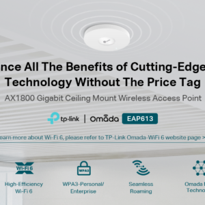 2026/01/1000399251.png TP-Link EAP613 Wireless Access Point w/o DC Adapter | Ultra-Slim | Omada True Wi-Fi 6 AX1800 | Mesh, Seamless Roaming, WPA3, MU-MIMO | Remote & App Control | PoE+ Powered | Multiple Controller Options